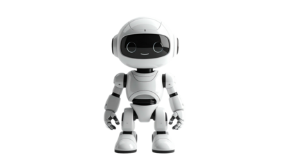 A friendly, white robot with a round head and smiling face stands upright