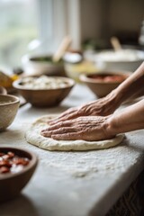 A pizza base is gently shaped by two hands on a floured surface, surrounded by rustic bowls filled with toppings in a cozy kitchen setting near a sunlit window
