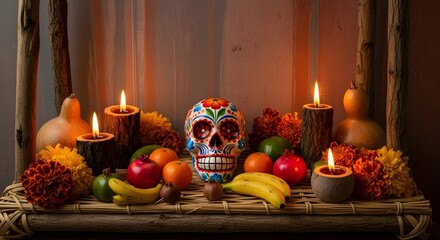 Vibrant Dia de los Muertos altar with decorated sugar skull and offerings.
