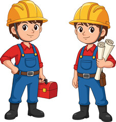 Cartoon children dressed as construction workers with hard hats, tools, and blueprints, teamwork concept, safety gear, engineering roleplay, education, job