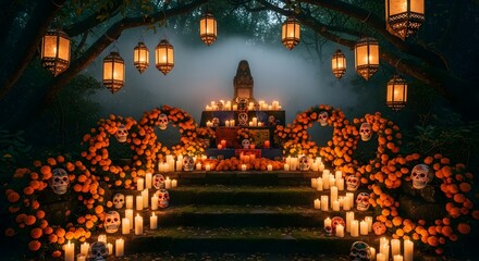 Day of the Dead Altar with Candles and Marigolds at Night.