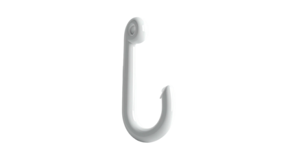 Isolated, glossy, white, curved hook with a circular top against a black background