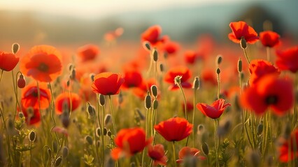 Fototapeta premium Vibrant Red Poppies Field Sunset Summer Nature