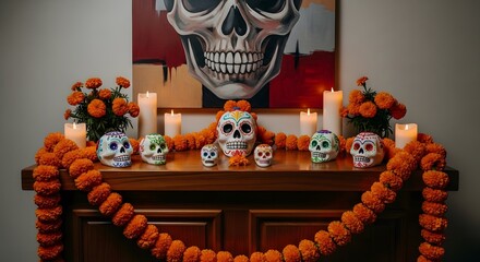 Day of the Dead Altar with Skulls and Marigolds.
