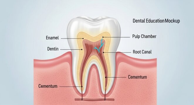 Detailed diagram illustrating tooth anatomy, showing layers like enamel, dentin, and root canal