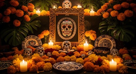 Day of the Dead Altar with Marigolds and Candles.