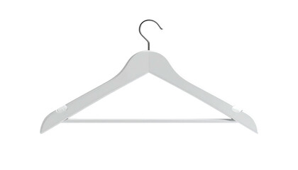 A simple white wooden clothes hanger hangs isolated on a stark black background