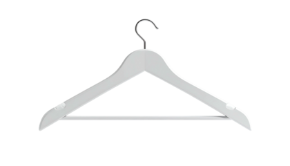 A simple white wooden clothes hanger hangs isolated on a stark black background