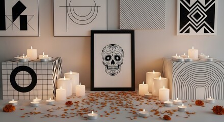Modern Day of the Dead Altar with Skull Artwork and Candles.