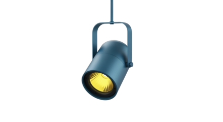 Isolated blue barrel-shaped spotlight fixture, industrial style suspended from above light