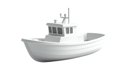 A white, simplified boat with a cabin and antenna floats against a black backdrop