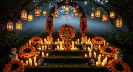 Day of the Dead Altar with Candles and Marigolds.