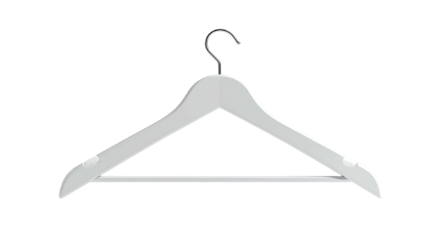 A simple white wooden clothes hanger hangs isolated on a stark black background