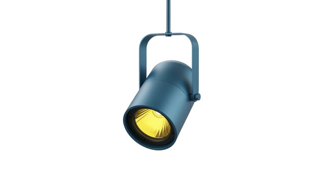 Isolated blue barrel-shaped spotlight fixture, industrial style suspended from above light