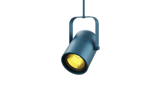 Isolated blue barrel-shaped spotlight fixture, industrial style suspended from above light