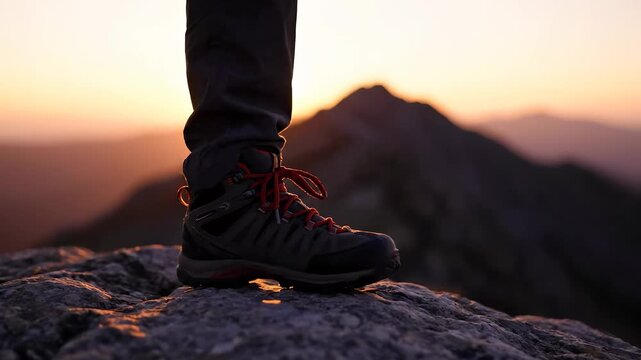 A hiker's boot steps on rugged rocks with sunlight highlighting the boot. The hiker's boot and rocks create a silhouette against the mountain and glowing horizon.