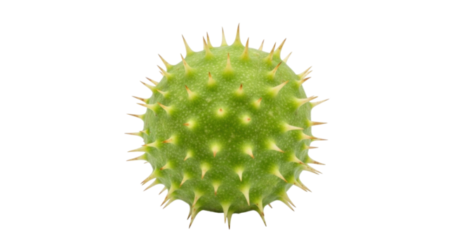 Isolated spiky green conker shell of a horse chestnut, close-up view, outdoors in autumn season