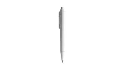 A white ballpoint pen isolated against a deep black background, side view