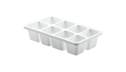 A white, rectangular ice cube tray with eight square compartments, set against black