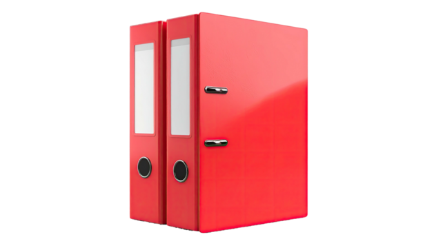 Two glossy red ring binders standing upright against a stark black backdrop