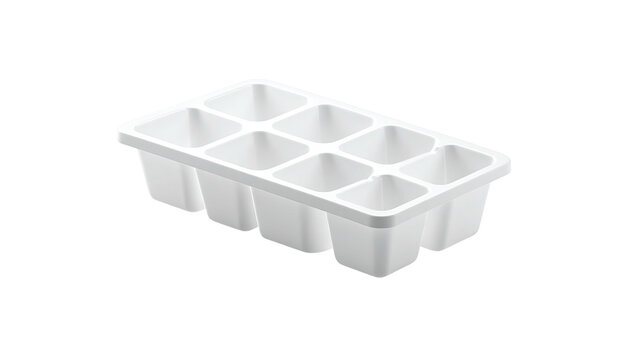 A white, rectangular ice cube tray with eight square compartments, set against black