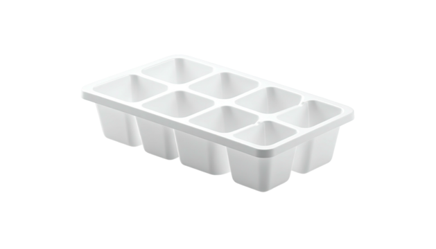A white, rectangular ice cube tray with eight square compartments, set against black