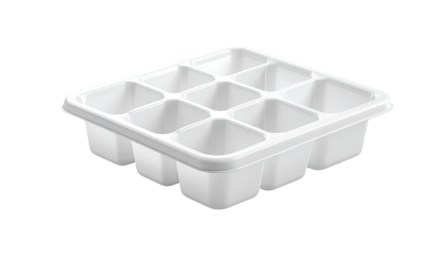 Square, white plastic tray with nine individual, equally sized compartments