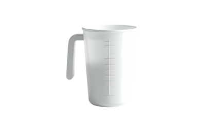 A simple, white plastic measuring cup with a gray handle, against a black background