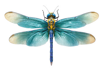 A stunning, highly detailed illustration of a vibrant blue and yellow dragonfly with intricate teal wings, presented against a transparent background. background removed