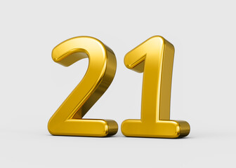 Golden metallic 3D number 21 with polished reflective shine. 3d illustration