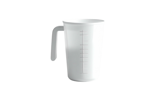 A simple, white plastic measuring cup with a gray handle, against a black background