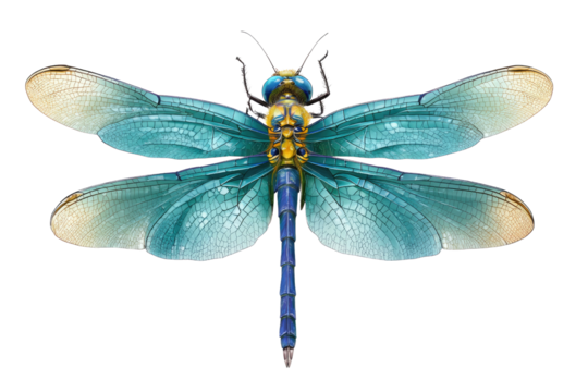 A stunning, highly detailed illustration of a vibrant blue and yellow dragonfly with intricate teal wings, presented against a transparent background. background removed