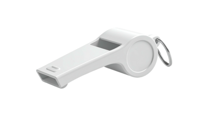 A bright white whistle, complete with a silver ring, isolated on a black background