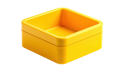 Bright yellow, square container, hollowed inside, sitting against a black background
