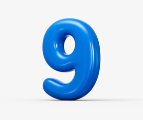 A shiny blue 3D number 9 Nine with a bold curved surface. 3d illustration