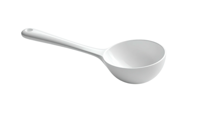 A white plastic scoop against a dark background, its rounded bowl facing forward