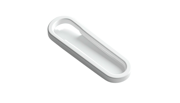 A sleek, white, rectangular object with a curved opening, isolated on black