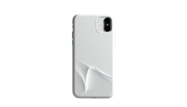 A white cell phone with a smooth, rippled design against a dark background