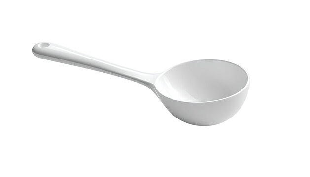 A white plastic scoop against a dark background, its rounded bowl facing forward