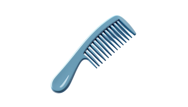 A light blue comb with evenly spaced teeth on a black background