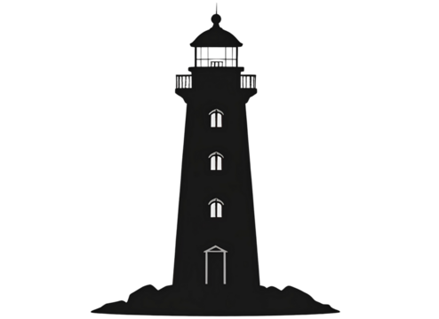 Black silhouette of a lighthouse, coastal theme, transparent background