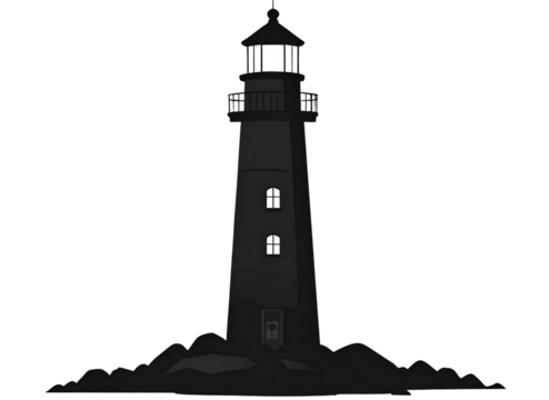 Black silhouette of a lighthouse, coastal theme, transparent background