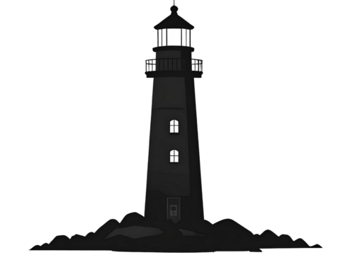 Black silhouette of a lighthouse, coastal theme, transparent background 