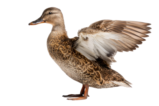 A beautiful brown duck, possibly a female mallard, spreads its wings on a transparent background, showcasing intricate feather details and graceful posture. background removed