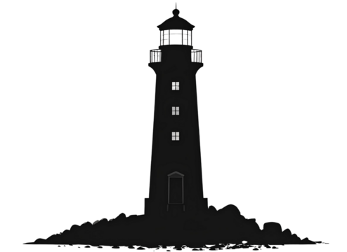 Black silhouette of a lighthouse, coastal theme, transparent background 
