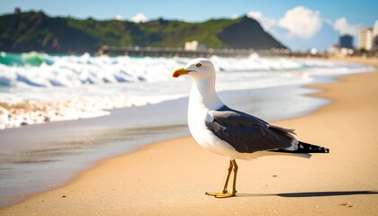 Obraz premium A seagull stands on a sandy beach, facing the ocean. Waves crash gently in the foreground, with a backdrop of hills and distant buildings. Sunlight illuminates the scene