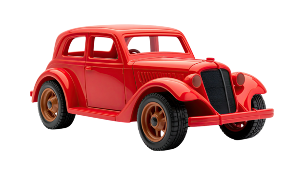 A bright red toy car with an old-fashioned design on a black background