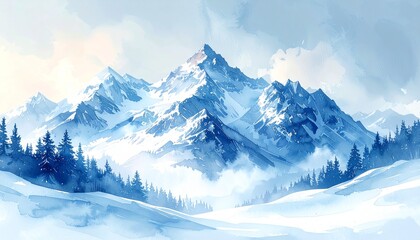 Obraz premium 冬の雪景色と山の稜線 水彩背景