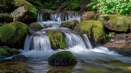 Fototapeta premium Torrential Water Splashing Down Mountain Stream Over Mossy Rocks in Lush Green Forest Scenery