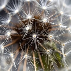 Close-up view of dandelion seed head.  Delicate, fine, white, feathery seed-down radiating from central core.  Pale yellow/tan centers and dark background